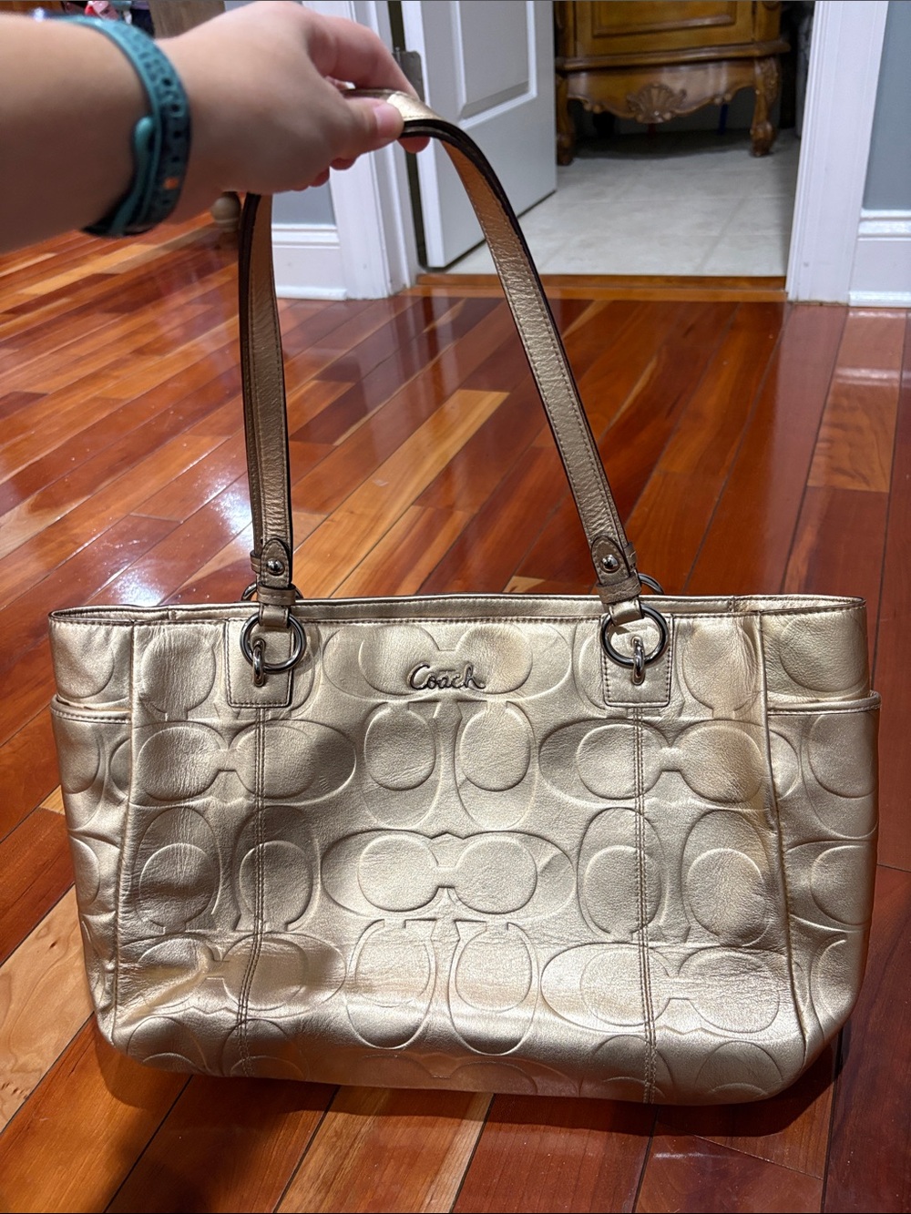 Coach Metallic Champagne Signature Embossed Tote - Picture 5 of 5